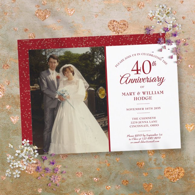 Hochzeit Foto 40 Jahre Jubiläum Elegant Ruby Einladung (Wedding Photo 40th Anniversary Elegant Ruby Invitation)