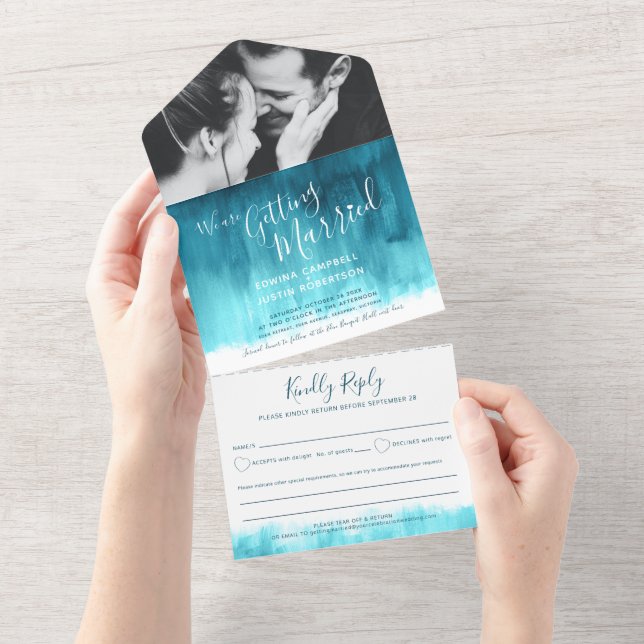 Hochzeit Foto aquamarine Aqua-uAwg-Text All In One Einladung (Abreißen)