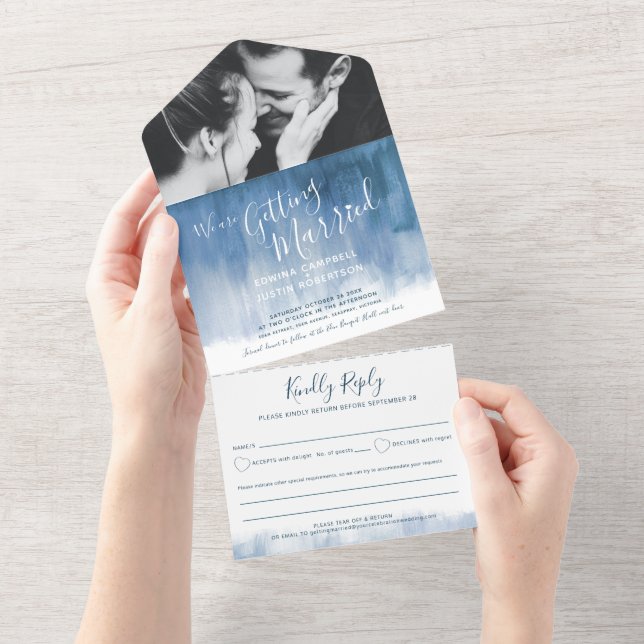 Hochzeit Foto blau grauer uAwg All In One Einladung (Abreißen)