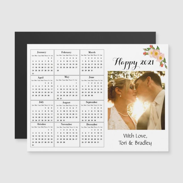 Hochzeit Foto Coral Blume Mini 2021 Kalender Magneteinladung (Vorne/Hinten)