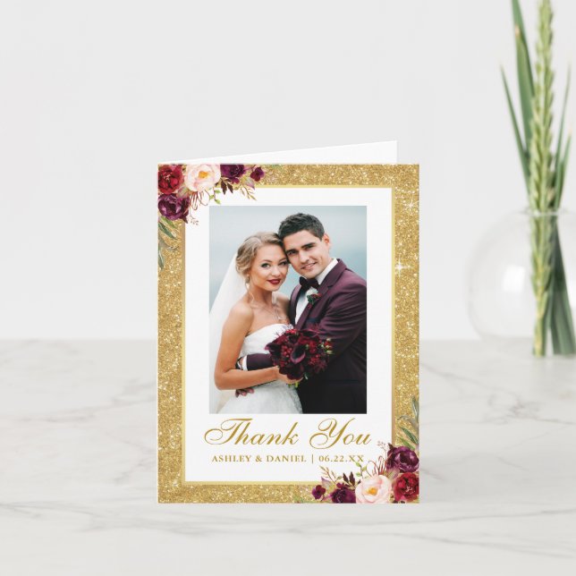 Hochzeit Foto Gold Glitzer Burgund Blumenzettel Dankeskarte (Vorderseite)