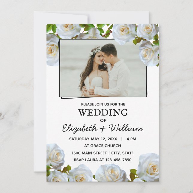 Hochzeit Foto Romantische weiße Blume Einladung (Vorderseite)