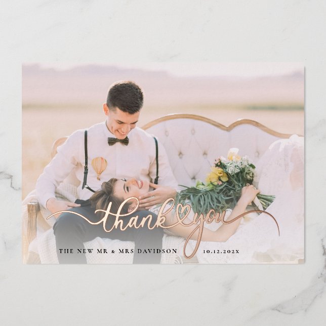 Hochzeit Foto Rose Gold Foil Danke Karte (Vorderseite)