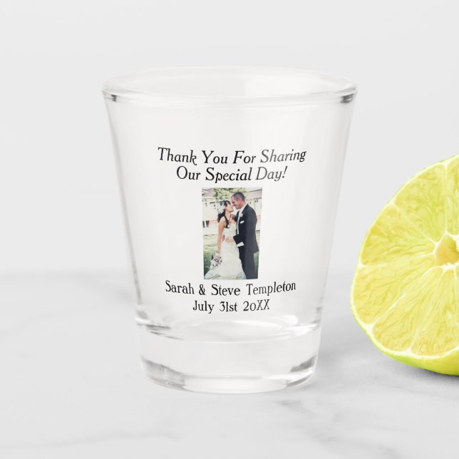 Hochzeit Foto Vielen Dank für Namen und Datum Schnapsglas (Vorderseite)