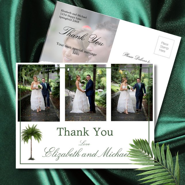 Hochzeit Foto Vielen Dank Palm Tree Elegante Moder Postkarte (Von Creator hochgeladen)