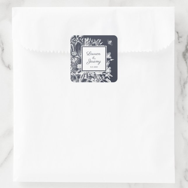Hochzeit Französischer Bauernhof Floral Navy & Whi Quadratischer Aufkleber (Tasche)
