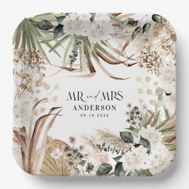 Hochzeit Frau Pampas eucalyptus modernes boho Part Pappteller (Vorderseite)