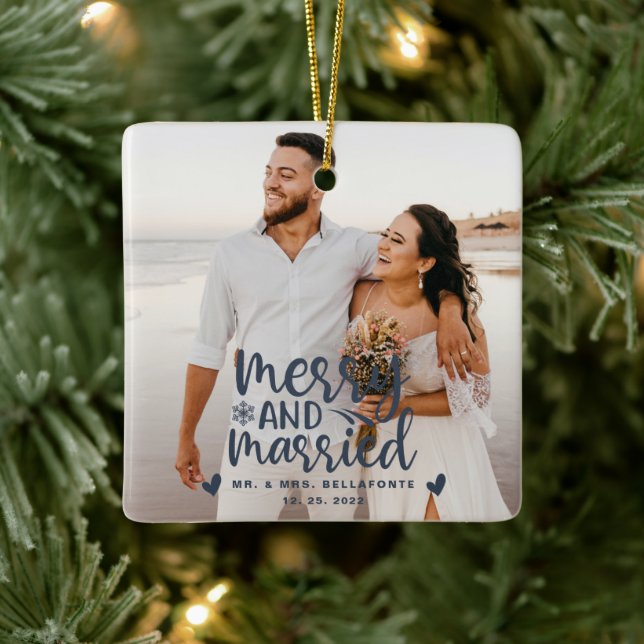 Hochzeit frohe und Verheiratete Weihnachts-Foto-Ke Keramikornament (Baum)