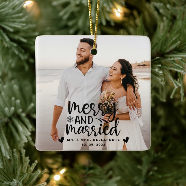 Hochzeit frohe und Verheiratete Weihnachts-Foto-Ke Keramikornament (Baum)