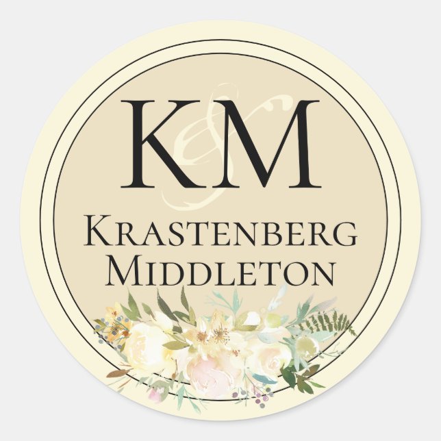 Hochzeit Fügen Sie Ihre Monogram Name Cream Black  Runder Aufkleber (Vorderseite)