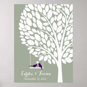 Hochzeit Gästebuch Baum Vogel lila Signature