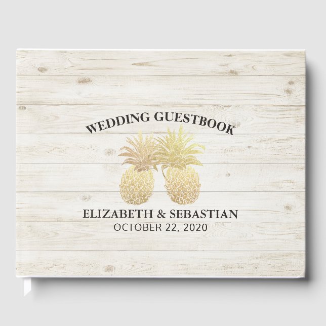 Hochzeit Gästebuch Chic Gold Ananas Rustikales Hol (Vorderseite)