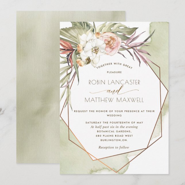 Hochzeit geometrisch grüner tropischer Blätter Einladung (Vorne/Hinten)