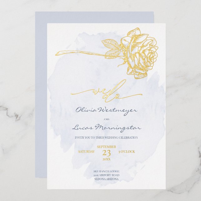 HOCHZEIT | Gold Gilded Rose auf Dusty Blue Folieneinladung (Vorderseite/Rückseite)