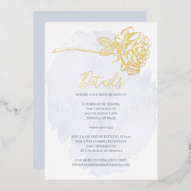 HOCHZEIT | Gold Gilded Rose auf Dusty Blue Folieneinladung (Vorderseite/Rückseite)