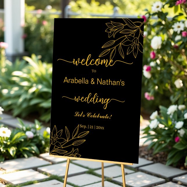 Hochzeit Gold und Schwarz Elegante Blumen Willkomm Acrylschild (Von Creator hochgeladen)