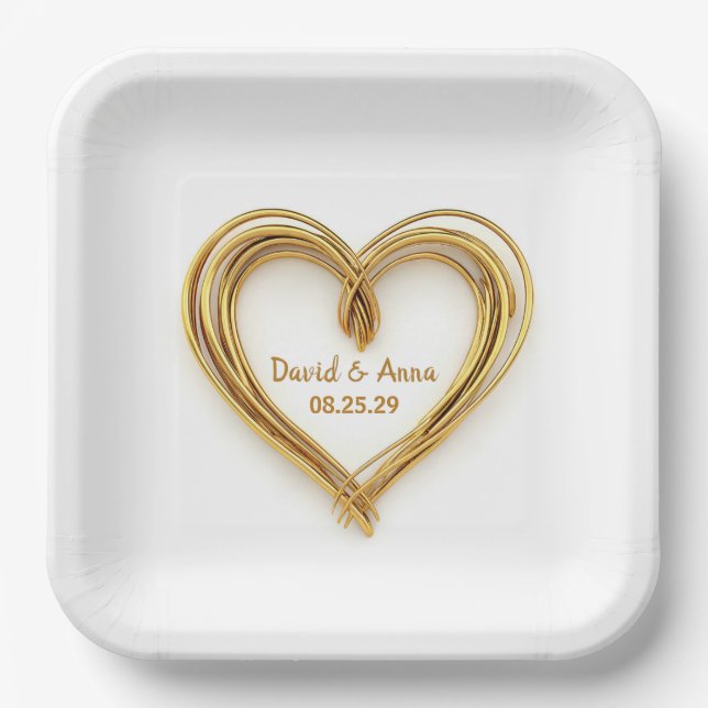 Hochzeit Gold Wired Herz auf Weiß Pappteller (Vorderseite)