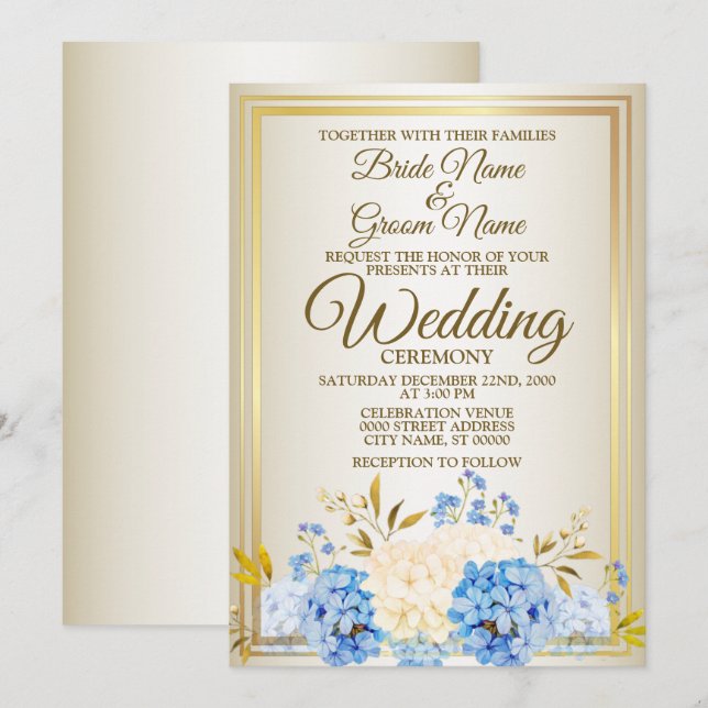 Hochzeit Golden Blue Yellow Floral Frame Rustikal Einladung (Vorne/Hinten)
