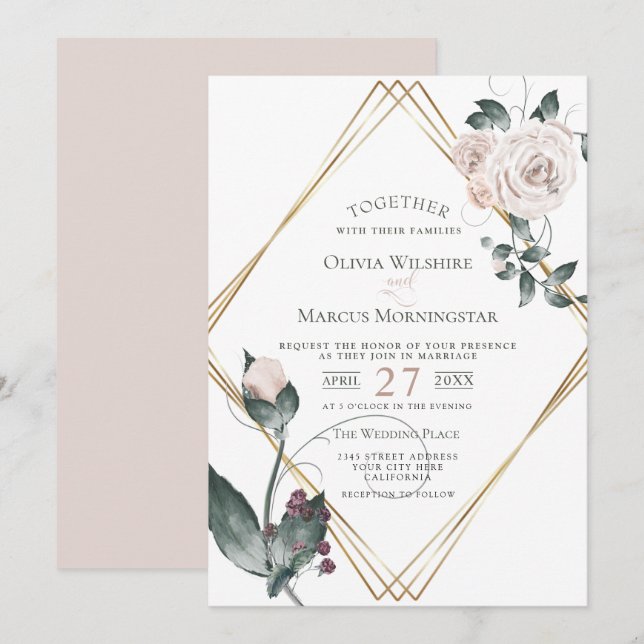Hochzeit | Goldrahmen blass rosa Rose Einladung (Vorne/Hinten)