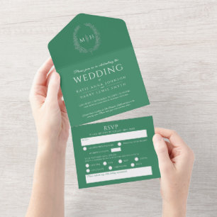 Hochzeit grün weiß silber oval Blätter Monogramm All In One Einladung