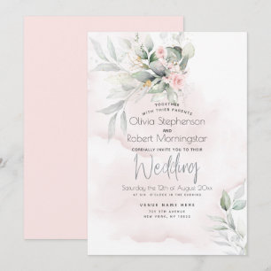 Hochzeit   Grüne Wälder Pale Pink Rose Einladung