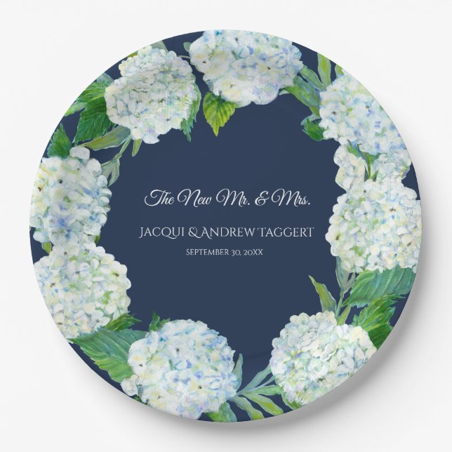 Hochzeit Herr n Frau Navy Blue White Hydrangea Wre Pappteller (Vorderseite)