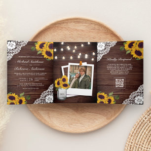 Hochzeit Holz-Lace-Sonnenblumen-Lichterkette QR-Co Dreifach Gefaltete Einladung