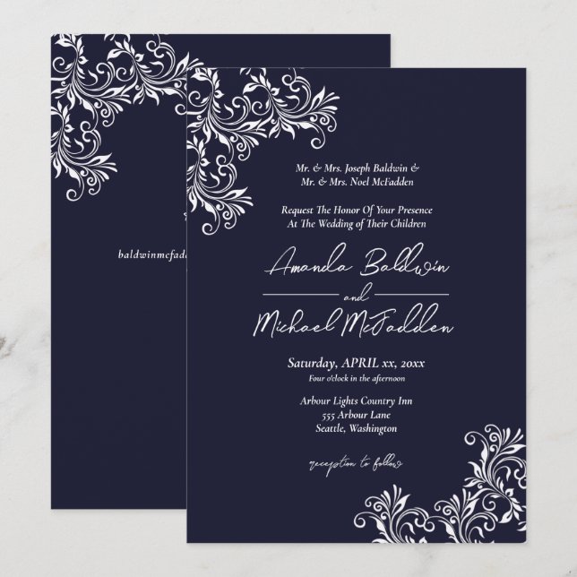 Hochzeit im eleganten Navy- und Weißstil Einladung (Vorne/Hinten)