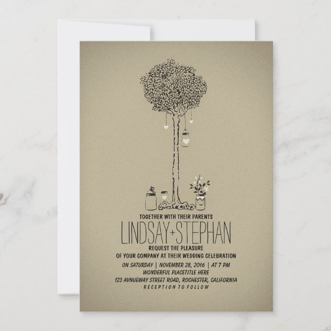Hochzeit im Freien mit Maurerkirschen und Baum Einladung (Vorderseite)