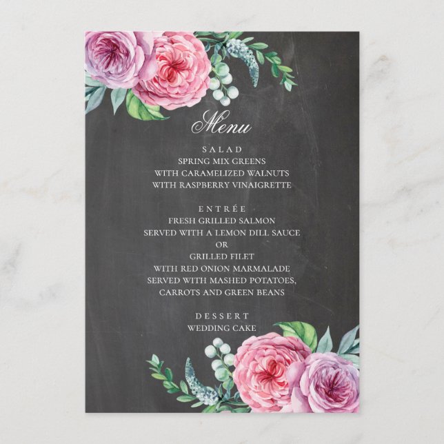 Hochzeit im Halbpension. Boho Garden rosa Blume Menükarte (Vorderseite)