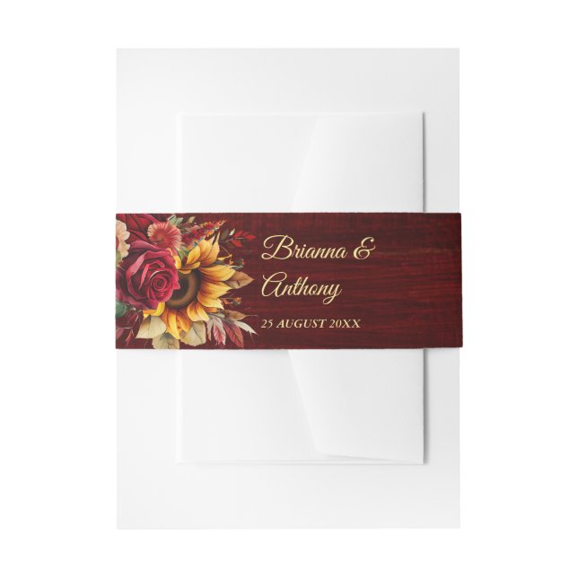 Hochzeit im Herbst Bordeaux Rose Sonnenblumen Einladungsbanderole (Vorderseite Beispiel)