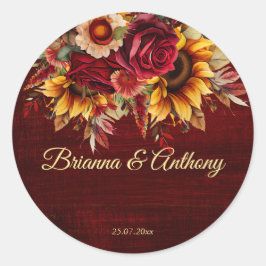Hochzeit im Herbst Bordeaux Rose Sonnenblumen Runder Aufkleber