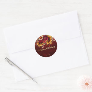 Hochzeit im Herbst Bordeaux Rose Sonnenblumen Runder Aufkleber