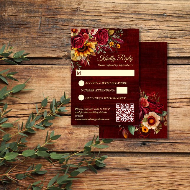 Hochzeit im Herbst bordeauxfarbene Rose Gelbe Sonn RSVP Karte (Fall wedding burgundy roses yellow sunflowers RSVP card wedding invitation suite)