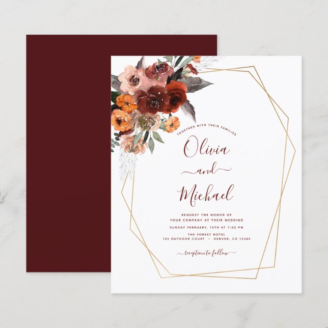 Hochzeit im Herbst Burgund Gold Floral (Vorne/Hinten)