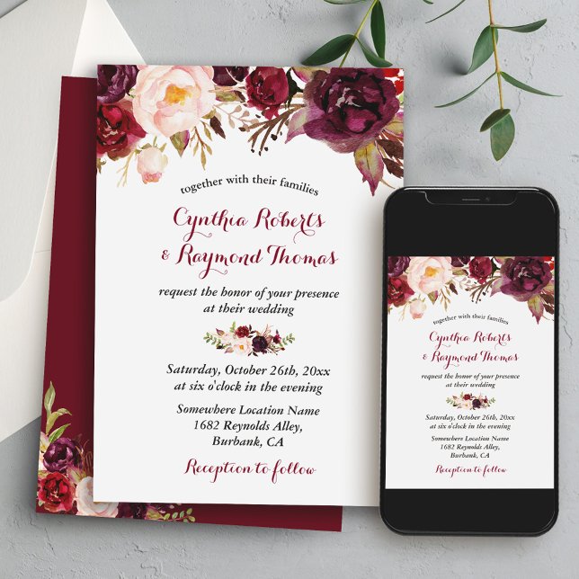 Hochzeit im Herbst Burgundy Red Marsala Floral Chi Einladung (From rustic to formal indoor affairs, this invitation complements a variety of wedding settings.)