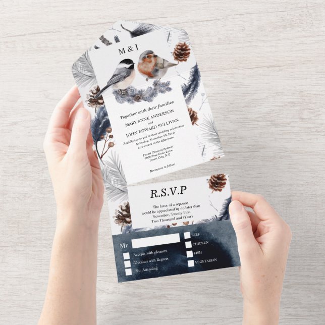 Hochzeit im Herbst der Kiefernwälder in einem Einz All In One Einladung (Abreißen)