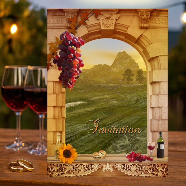 Hochzeit im Herbst Einladung (Italian vineyard wedding invitation with a Roman arch, grapes and wine)