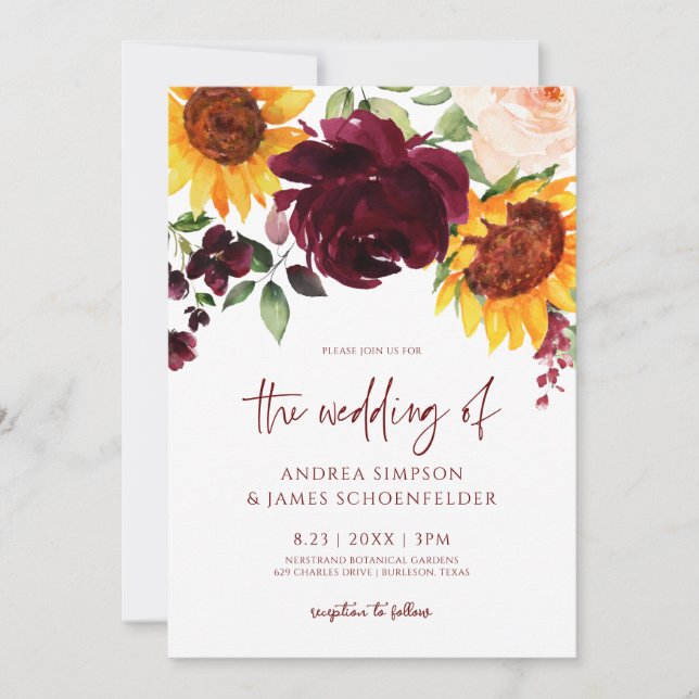 Hochzeit im Herbst Einladung Sonnenblumen Burgund  (Vorderseite)