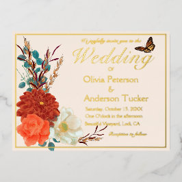 Hochzeit im Herbst Elfenbein QRC Blumenmonarch But Folie Einladungspostkarte