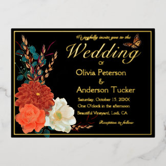 Hochzeit im Herbst Elfenbein QRC Blumenmonarch But Folie Einladungspostkarte