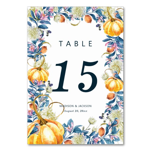 Hochzeit im Herbst Floral Pumpkin Tischnummer (Vorderseite)