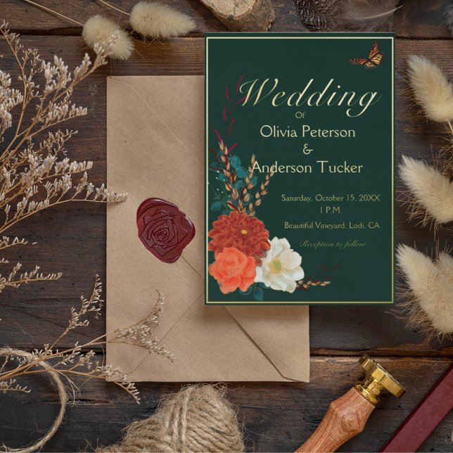 Hochzeit im Herbst Forest Green Floral Monarch But Folieneinladung (Monarch butterflies and forest green with lush fall blossoms and real gold foil)