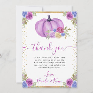 Hochzeit im Herbst für lila und blauflorale Pumpki Dankeskarte