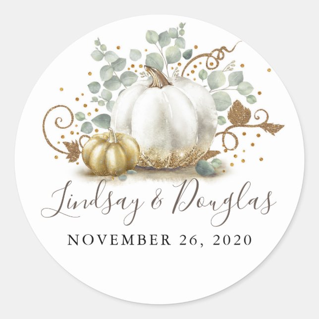 Hochzeit im Herbst Gold und Weiß Pumpkin Runder Aufkleber (Vorderseite)