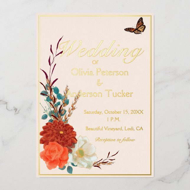 Hochzeit im Herbst Ivory Blumenmonarch Butterfly Folieneinladung (Vorderseite)