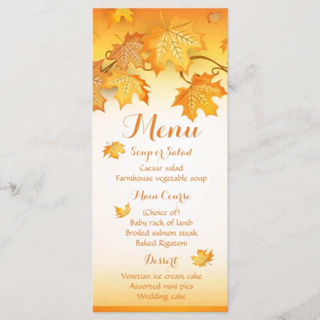 Hochzeit im Herbst Menü Orange Herbstleaves Menükarte (Vorderseite)