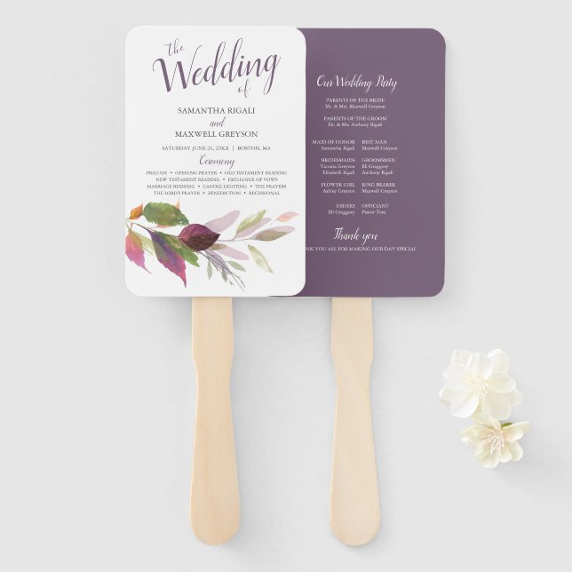 Hochzeit im Herbst mit Lila Aquarellfarben-Blätter Fächer (Vorne und Hinten)