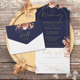 Hochzeit im Herbst Navy Blue und Gold Arch Rustika All In One Einladung