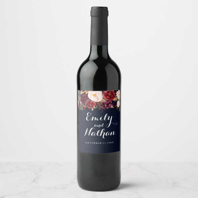 Hochzeit im Herbst Navy Burgund Blumenstrauß Weinetikett (Vorderseite)